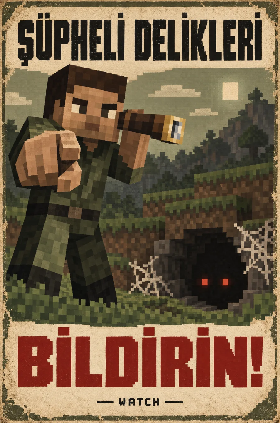 Poster: 'Şüpheli delikleri bildirin!' yazılı, dürbünlü bir askerin içinden kırmızı gözler bakan bir deliği gösterdiği afiş.